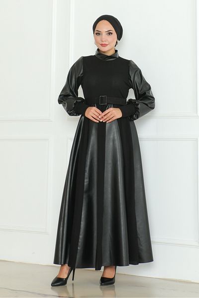 Bestenur Black Zelan Belted Leather Dress 1122