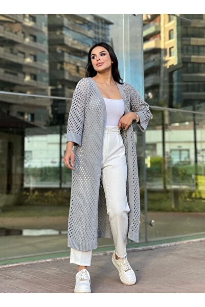 Dier Moda Kadın Delikli Örgü Uzun Hırka