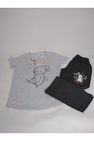 New Pajamas Model gri antracit - Set de pijamale din jerseu cu mânecă scurtă, cu decolteu, cu tiv oval