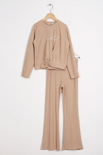 zepkids Beige Colored Girl's Crew Neck Long Sleeve Printed Trousers Set
