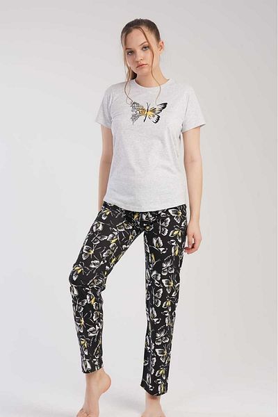 New Pajamas Gray Butterfly Patterned Crew Neck Oval Skirt Single Jersey Pajama Set - Short Sleeve