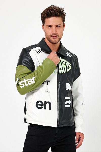 Black Level Men's Oversize Biker Printed Coat - Zippered and Lined Racer Jacket Garnished College Bomber Coat