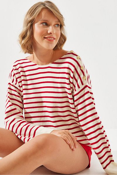 Bianco Lucci Striped Shoulder Buttoned Women's Sweater - 20247511