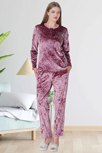 Mecit Pijama Βελούδινο Σετ Γυναικεία Πιτζάμα με Μακρυμάνικο - Γιακά με Κουμπί