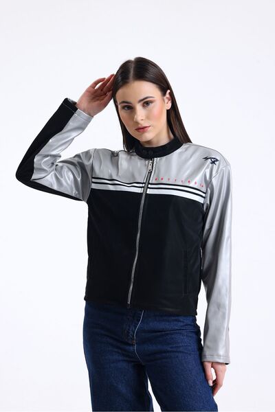 Black Level Жіноча шкіряна куртка з принтом, застібкою-блискавкою та смужкою, коміром-стійкою, кнопками та мотоциклетним коміром, сіра