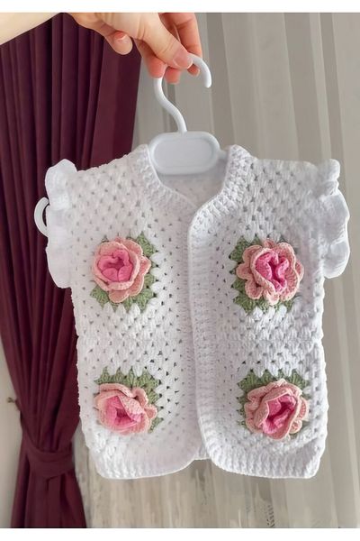 El örgüsü Rose Detailed Hand Knitted Baby Kids Vest