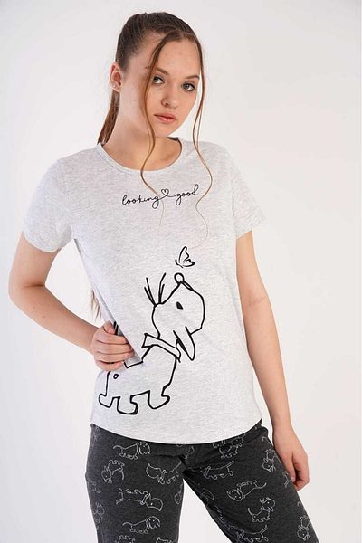 New Pajamas Set de pijamale pentru femei, cu decolteu rotund, cu model gri, cu tiv oval, cu mânecă scurtă