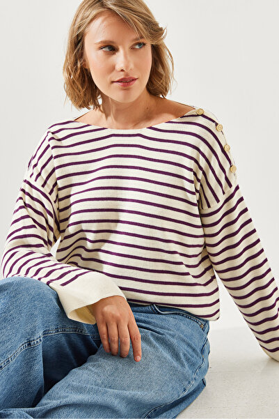 Bianco Lucci Striped Shoulder Detailed Women's Sweater - 20247511