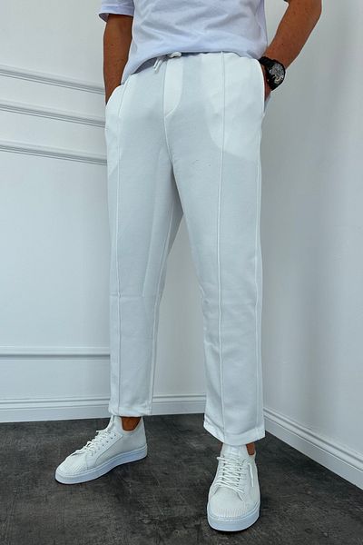 MADZEYMODA New Season White Jogger Pants - Ανδρικό, Boyfriend Fit, Grass Detailed