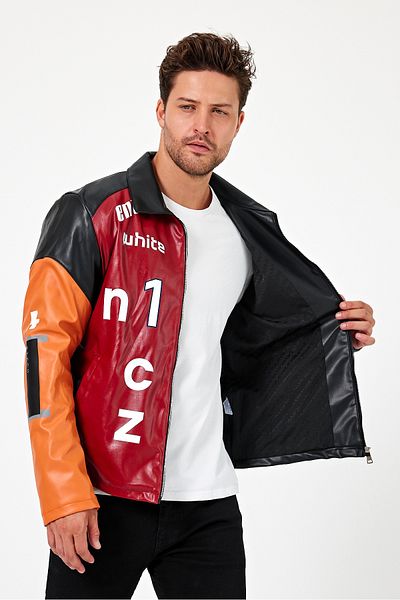 Black Level Men's Oversize Biker Printed Coat - Zippered and Lined Racer Jacket Garnished College Bomber Coat