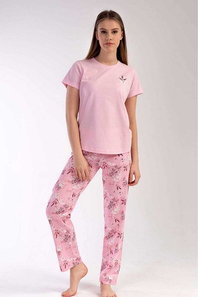 New Pajamas Pink Patterned Women's Pajama Set - Short Sleeve, Crew Neck, Oval Skirt