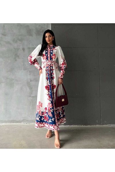 Jennyfer Atlas fabric flower print detailed long design dress with belt