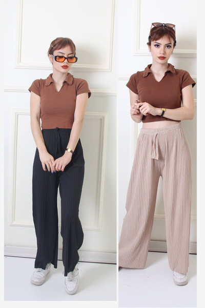 Rudaconcept Μαύρο-Κρεμ 2 τμχ Άνετα Κοτλέ Πυτζάμες - Σετ Πυτζάμες 2 τεμαχίων