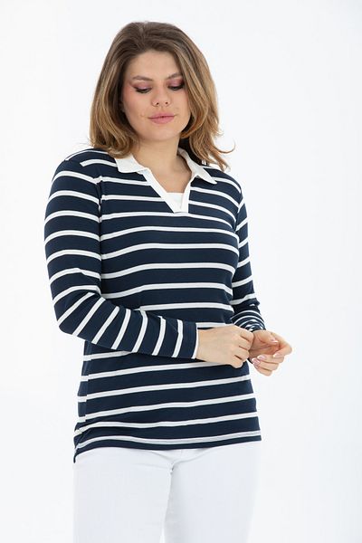 BANEGA Navy Blue V-Neck Long Sleeve Blouse - Plus Size Cotton Lycra