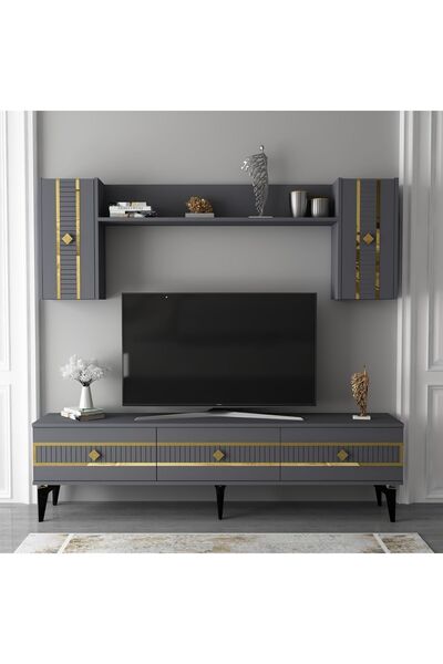 cantek dizayn NOVA TV ÜNİTESİ TAKIMI ANTRASİT-ALTIN