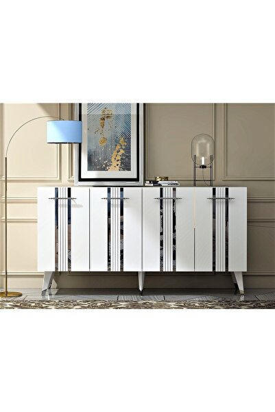 cantek dizayn Dört Kapaklı Gümüş Kulp Beyaz Ayaklı Asel Konsol Beyaz-gümüş