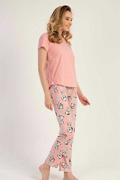 New Pajamas Powder Colored Women's Single Jersey Pajama Set - Short Sleeve, Patterned Crew Neck, Oval Skirt