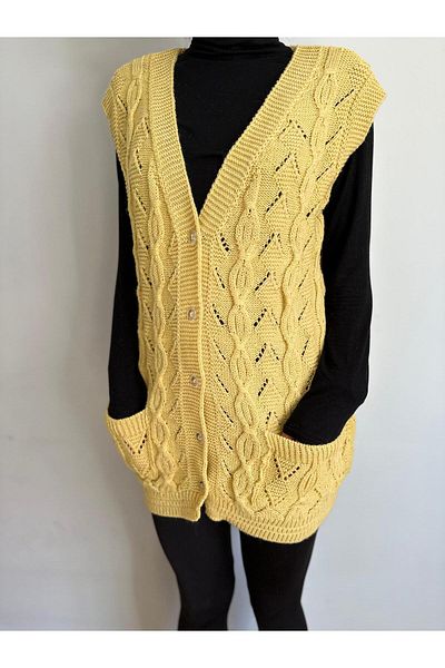 Çeyizcim Yellow Knitwear Knit Vest - with Pockets and Buttons