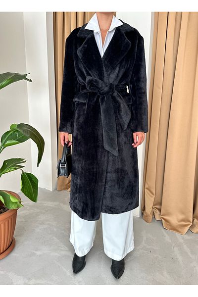Laluvia Černý měkký dlouhý kabát Teddy Belted- 542127