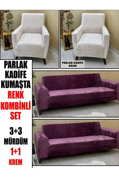 KILIFSAN PARLAK KADİFE KUMAŞ RENK KOMBİNLİ 2 ADET ÜÇLÜ & ÇEKYAT- 2 ADET TEKLİ...