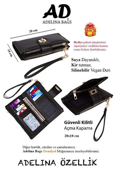 Adelina Bags Kadın Siyah Venesia Kağıt Bozuk Para Kartlık Bölmeli Kilitli Bilek Askılı Portföy Cüzdan