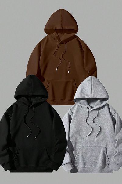 MODAGEN Φούτερ Unisex Oversize με κουκούλα - Σετ 3, Καφέ Μαύρο Γκρι