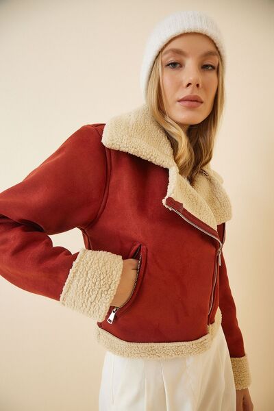 Lovelyİstanbul معطف راكب الدراجة النارية من الجلد الصناعي بلون الطوب - تفاصيل...