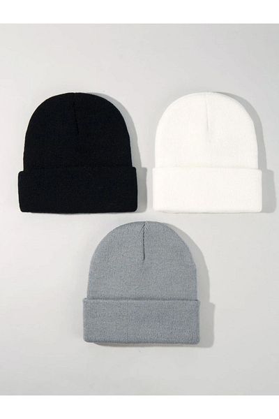 AKSELAKSESUAR Unisex Folded Black, white, gray 3-Piece Beret Set