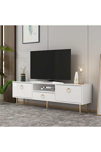 cantek dizayn Droop Tv Ünitesi 2 Kapaklı, Raflı Ve Çekmeceli Beyaz-altın