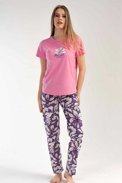 New Pajamas Pink Patterned Women's Pajama Set - Short Sleeve, Crew Neck, Oval Skirt