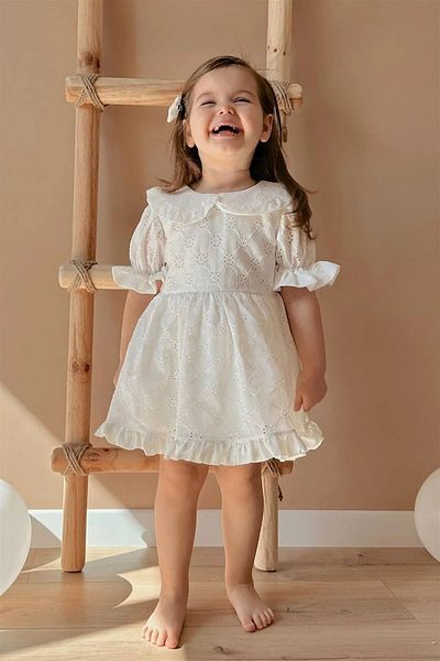 SHR Kids Λευκό κοντομάνικο μωρό γιακά φόρεμα γενεθλίων με κορδέλα με επένδυση από χτένι