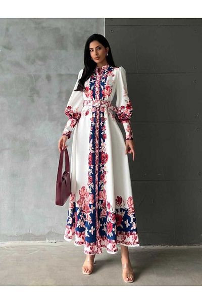 Jennyfer Atlas fabric flower print detailed long design dress with belt