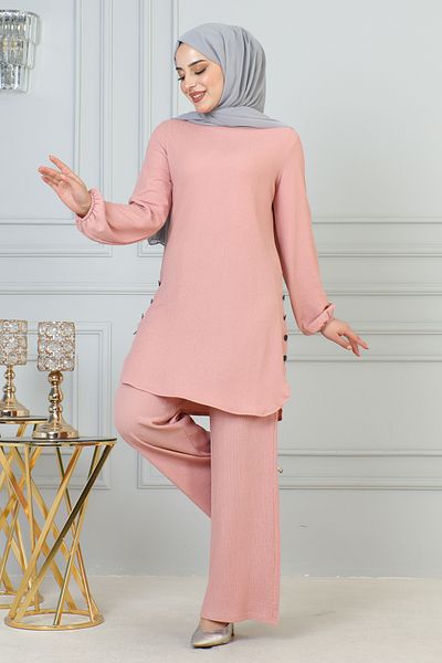 Moda Ebva Button Detailed Wrapped Fabric Hijab Set-3153 Powder