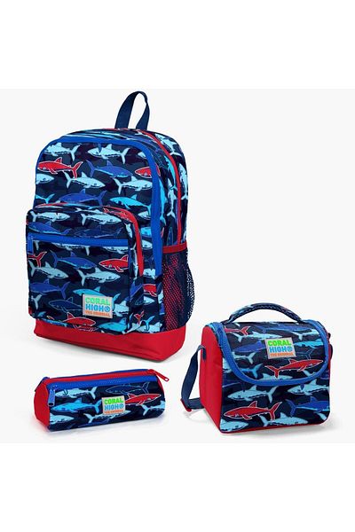 Yaygan Coral High Kids 3-Piece School Bag Set - Navy Blue, Red Shark Pattern, 23718