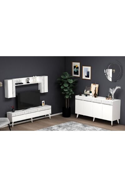 DEMONTE DECOR Deffne 180 Cm Tv Ünitesi Ve Konsol 2'li Salon Takımı Beyaz-gümüş