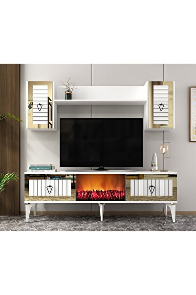 DEMONTE DECOR Linda Tv Ünitesi Şömineli Takım Beyaz-altın
