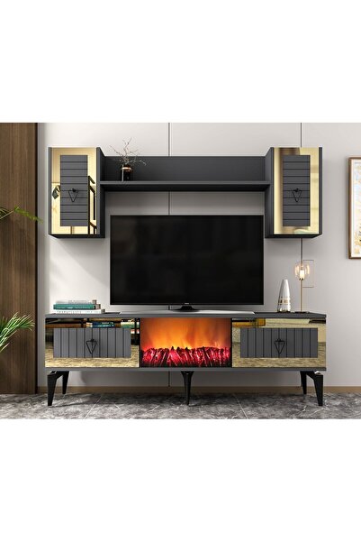DEMONTE DECOR Linda Tv Ünitesi Şömineli Takım Antrasit-altın