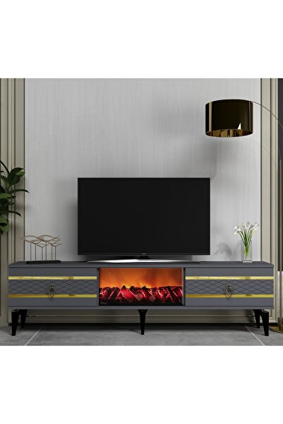 DEMONTE DECOR PELİN TV SEHPASI ŞÖMİNELİ ANTRASİT-ALTIN