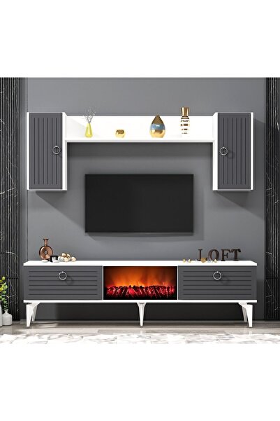 DEMONTE DECOR ARONA TV ÜNİTESİ ŞÖMİNELİ BEYAZ ANTRASİT
