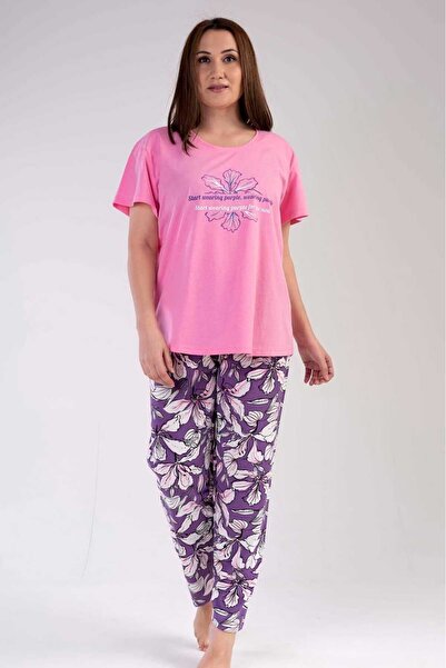 New Pajamas طقم بيجامة جيرسيه منقوشة بالزهور الوردية - كم قصير، رقبة دائرية، ...