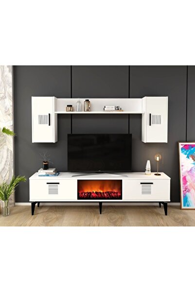 DEMONTE DECOR ASİMO TV ÜNİTESİ ŞÖMİNELİ TAKIM BEYAZ