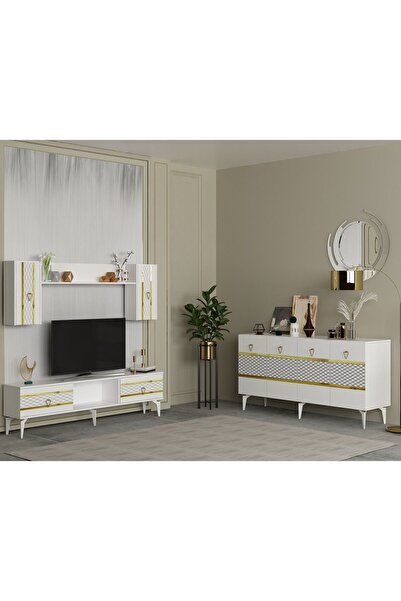DEMONTE DECOR PELİN TV ÜNİTESİ ve KONSOL 2'Lİ SALON TAKIMI BEYAZ-ALTIN