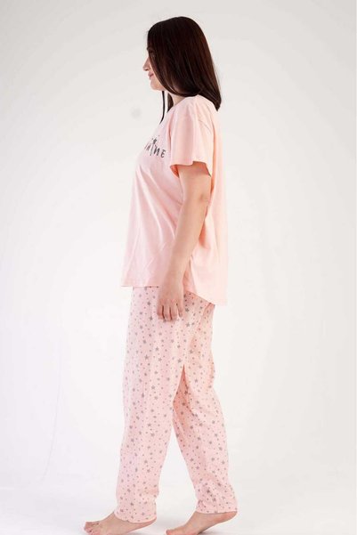 New Pajamas Women's Salmon Short Sleeve Star Patterned Crew Neck Oval Skirt Single Jersey Pajama Set