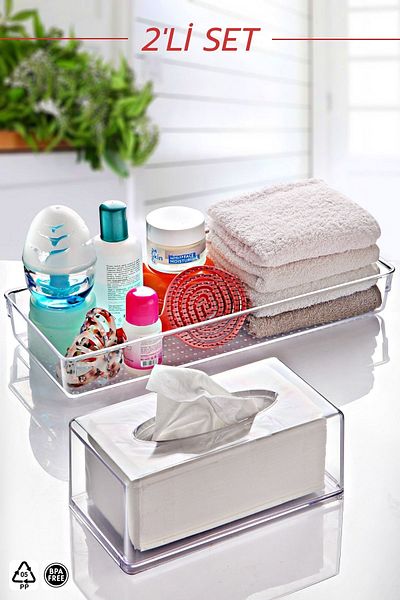 Nandy Home Σετ 2 - Διαφανής θήκη χαρτοπετσέτας και Organizer Organizer μπάνιου