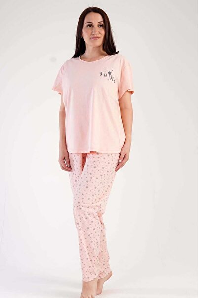 New Pajamas Women's Salmon Short Sleeve Star Patterned Crew Neck Oval Skirt S...
