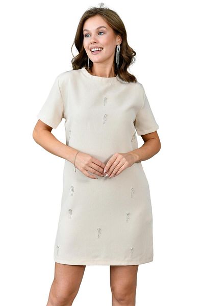 WOMAN VISION Crew Neck Stone Embroidered Mini Women's Dress - 129