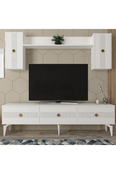 DEMONTE DECOR MİDDAS 180 CM TV ÜNİTESİ TAKIMI BEYAZ-ALTIN