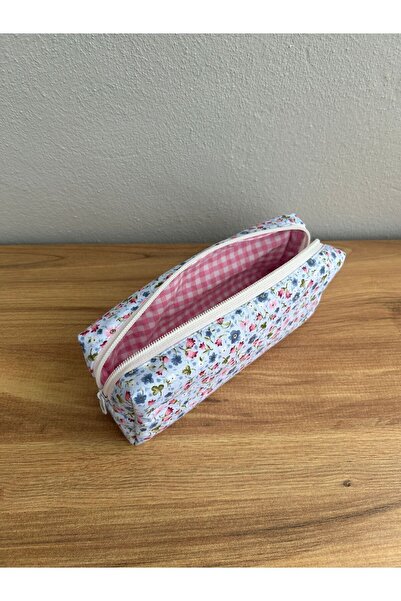 minyaturhayalim Mavi Minik Çiçekli Kalemlik Kalem Kutusu Boy Makyaj Çantası Astarlidir Ölçüleri 19-7-6cm