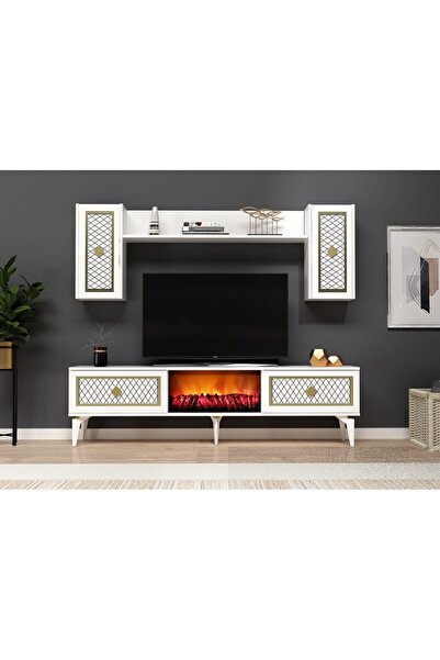 DEMONTE DECOR Herry Tv Ünitesi Şömineli Takım Beyaz Altın