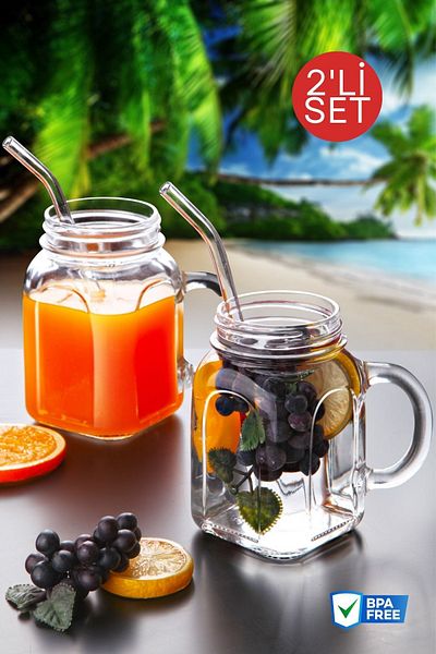 Nandy Home مجموعة من 2 برطمان بمقبض، طقم أكواب، هدية من القش